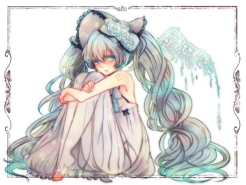 aqua_eyes, aqua_hair, barefoot, bonnet, feet, hatsune_miku, leg_hug, long_hair
