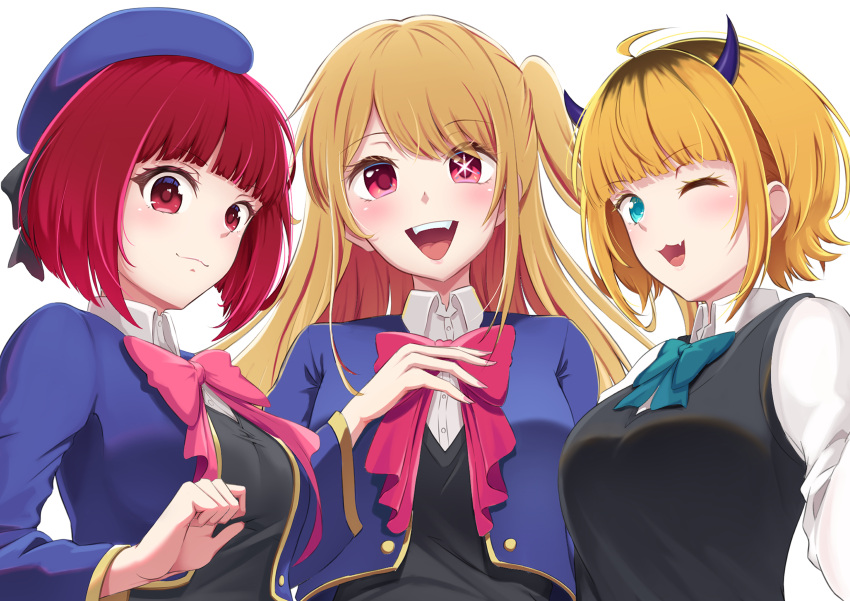 3girls, absurdres, arima_kana, b-komachi_(new), beret, blonde_hair, blue_eyes, blue_jacket