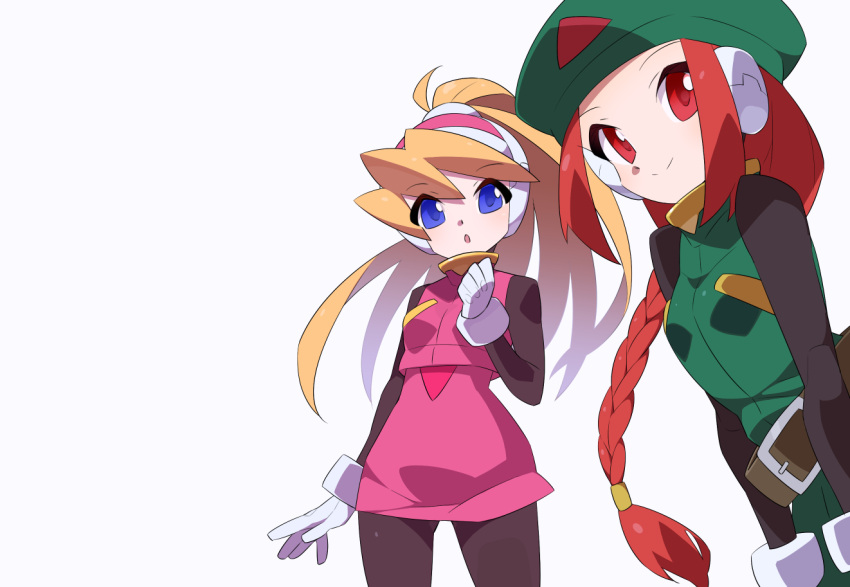 2girls, beret, black_bodysuit, blonde_hair, blue_eyes, bodysuit, braid, brown_eyes