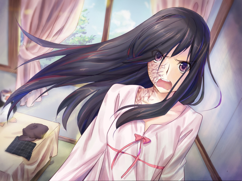 angry, artist_request, bad_end, bed, bedroom, bird, black_hair, burn_mark, curtains, doll, game_cg, hair_over_one_eye, highres, ikezawa_hanako, katawa_shoujo, long_hair, pajamas, penguin, purple_eyes, room, scar, solo, spoilers, violet_eyes, window