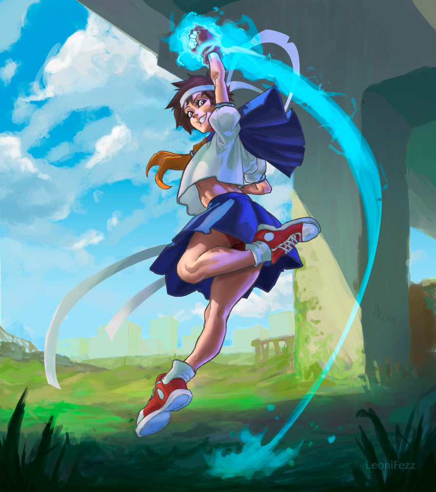 1girl, absurdres, artist_name, blue_sailor_collar, blue_skirt, brown_eyes, brown_hair, clenched_hand