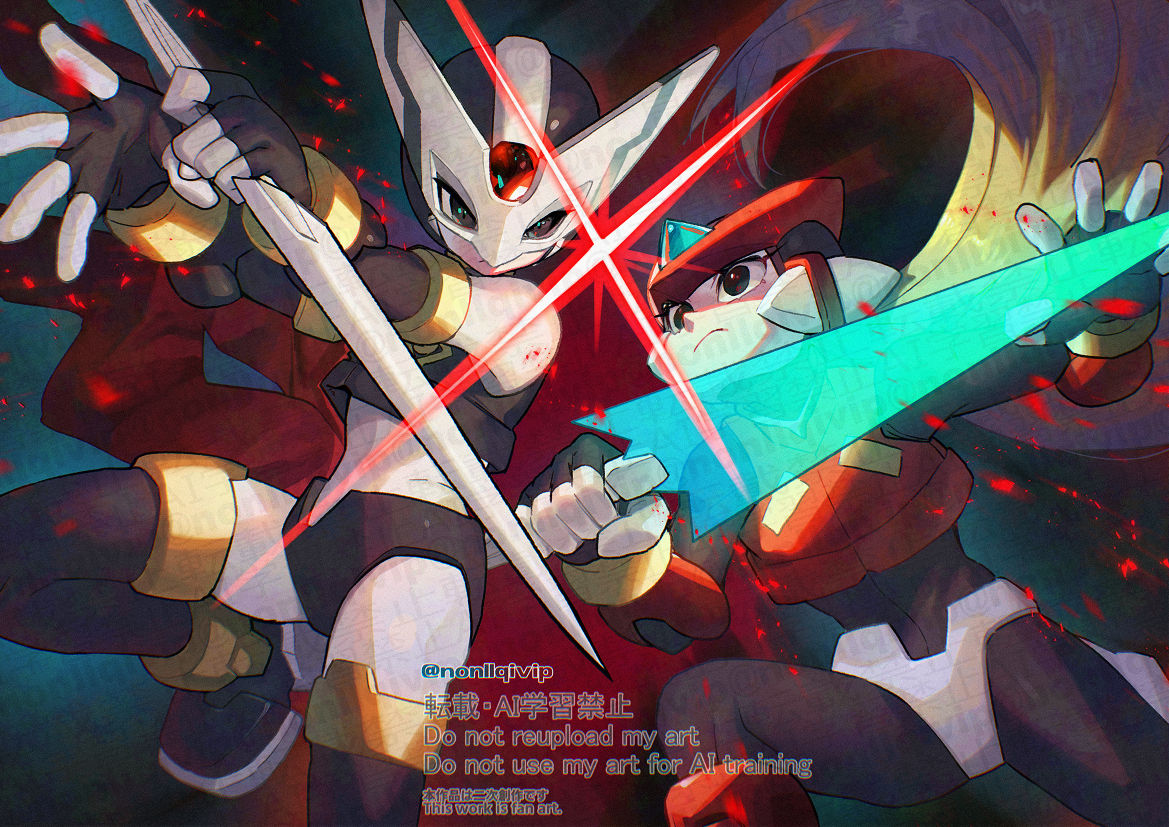 2boys, android, armor, black_eyes, blonde_hair, cowboy_shot, energy_sword, fins