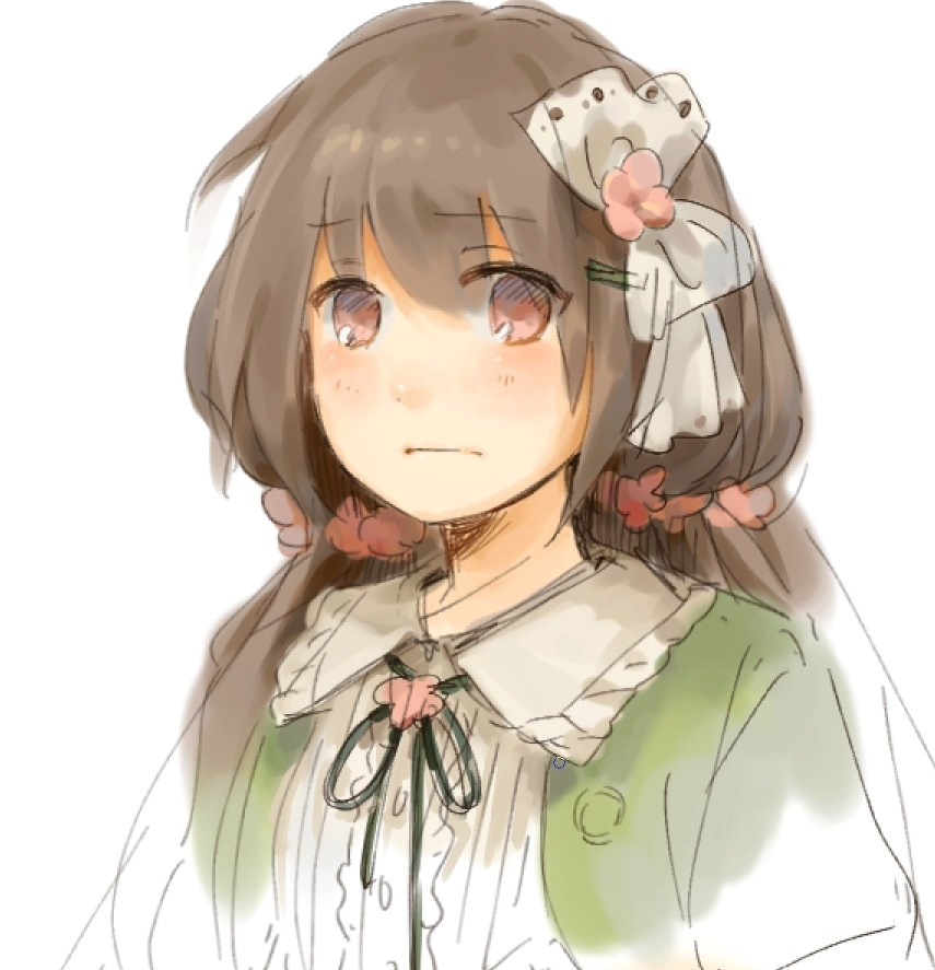 1girl, :|, black_ribbon, bow, brown_eyes, brown_hair, center_frills, character_request