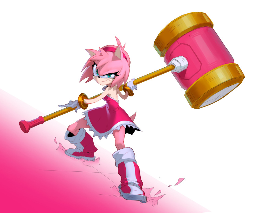 1girl, amy_rose, bare_shoulders, boots, closed_mouth, dress, fezzleoni, fighting_stance, frown, full_body, furrowed_brow, furry, furry_female, gloves, gold_bangle, green_eyes, hair_between_eyes, hedgehog_girl, highres, holding, holding_mallet, looking_at_viewer, mallet, medium_hair, pink_boots, pink_dress, pink_hair, solo, sonic_(series), thigh-highs, white_gloves, white_thighhighs