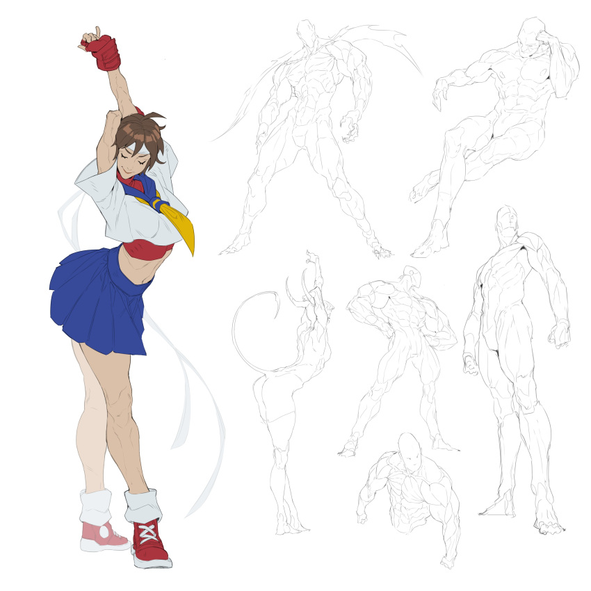 2girls, 5boys, absurdres, anatomy, arms_behind_head, blue_sailor_collar, blue_skirt, breasts, brown_hair, closed_eyes, closed_mouth, cropped_torso, crossed_legs, demon_horns, demon_tail, fezzleoni, fingerless_gloves, full_body, gloves, hands_on_own_hips, headband, highres, horns, kasugano_sakura, leaning_forward, medium_breasts, midriff, multiple_boys, multiple_girls, muscular, muscular_male, neckerchief, pleated_skirt, red_gloves, red_shirt, red_shoes, sailor_collar, school_uniform, shirt, shoes, short_hair, short_sleeves, sketch, skirt, smile, sneakers, socks, standing, street_fighter, stretching, tail, turtleneck, undershirt, white_background, white_headband, white_shirt, white_socks, yellow_neckerchief