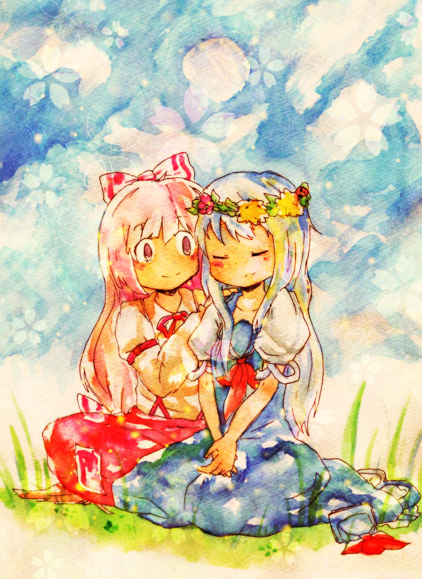 blush, closed_eyes, eyes_closed, flower, fujiwara_no_mokou, hand_on_shoulder, head_wreath, kamishirasawa_keine