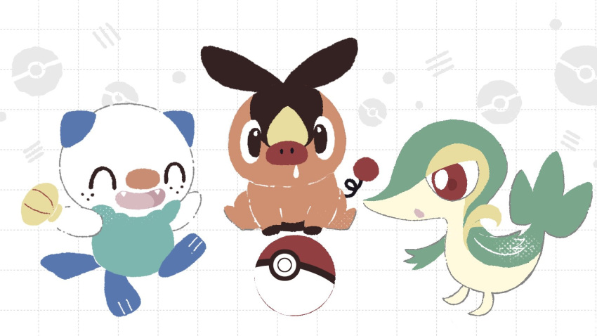 check_commentary, commentary_request, fangs, full_body, highres, holding, inumede, no_humans, open_mouth, oshawott, poke_ball, poke_ball_(basic), pokemon, pokemon_(creature), pokemon_focus, red_eyes, seashell, shell, snivy, starter_pokemon_trio, tepig