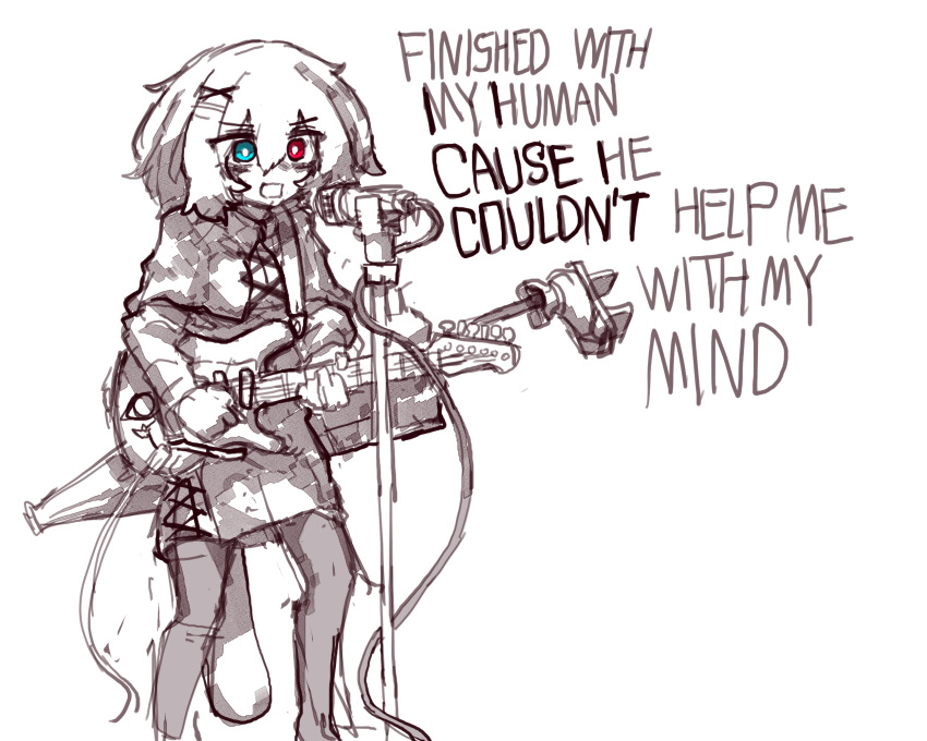 1girl, alternate_costume, black_sabbath, blue_eyes, capelet, commentary, english_text, greyscale