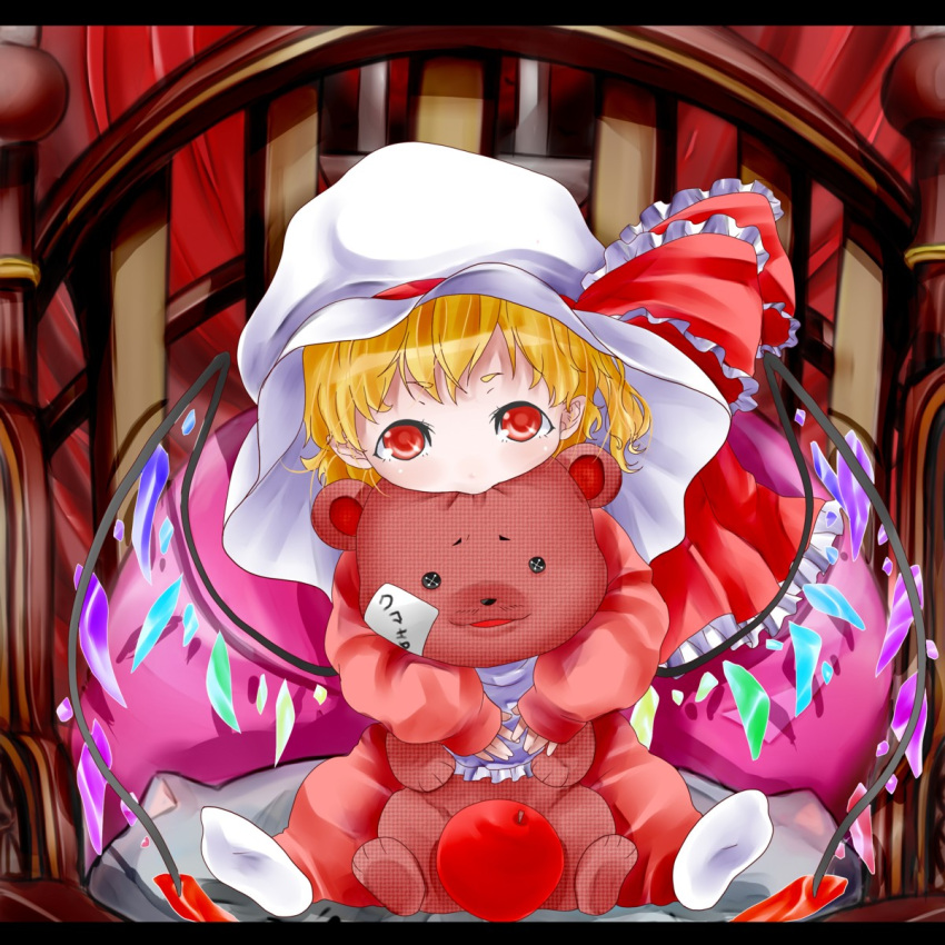 alternate_wings, apple, bear_hug, bed, biting, blonde_hair, chibi, doll
