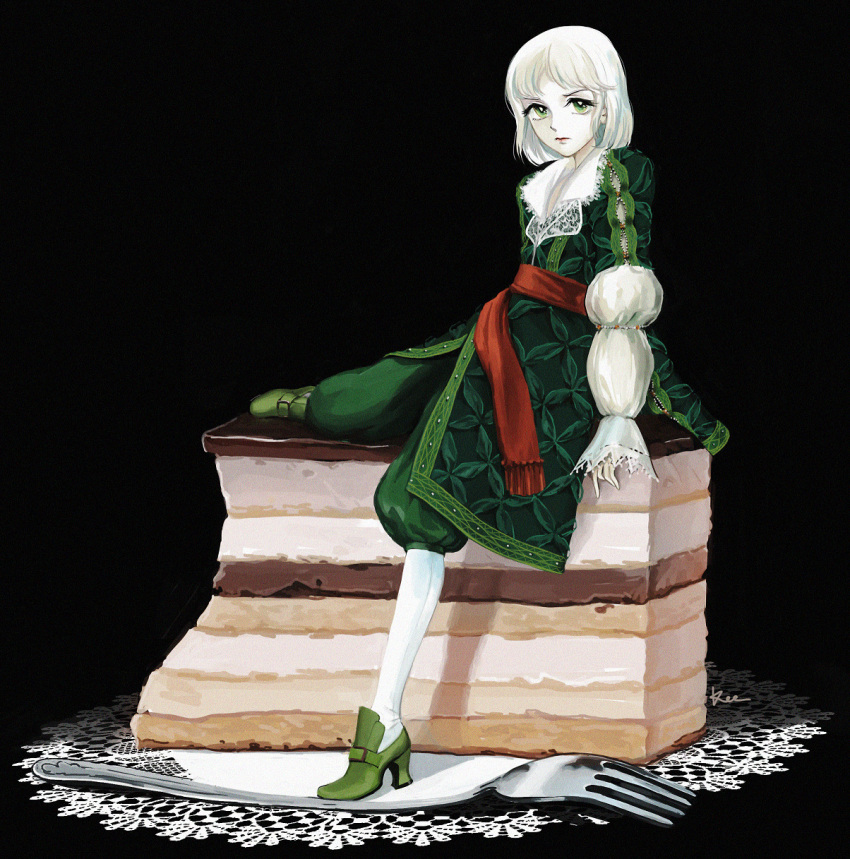 1boy, aged_down, auguste_beau, black_background, cake, cake_slice, child, coat, food, fork, frilled_sleeves, frills, full_body, green_coat, green_eyes, green_pants, highres, kaze_to_ki_no_uta, kneehighs, long_sleeves, looking_at_viewer, male_focus, medium_hair, opera_cake, oversized_food, oversized_fork, oversized_object, pants, pngheavy, puffy_long_sleeves, puffy_pants, puffy_sleeves, red_sash, sash, sitting, socks, white_hair, white_socks
