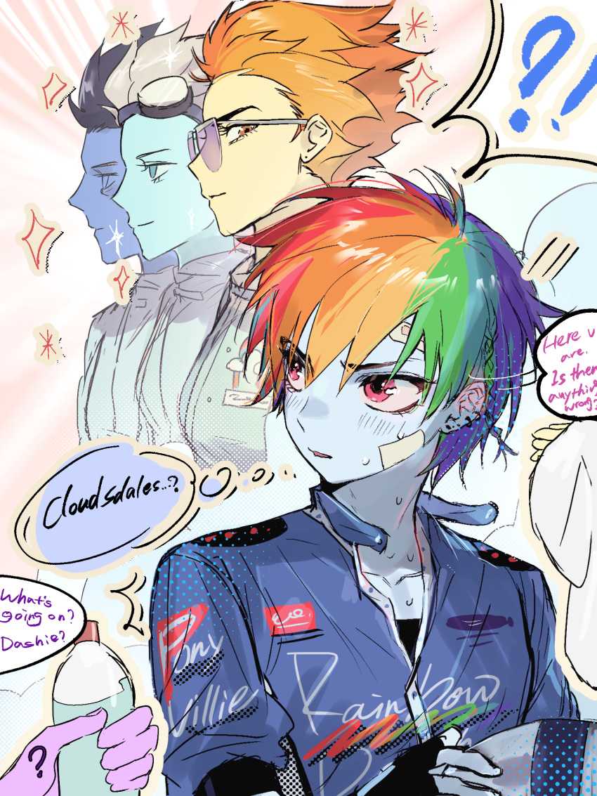 1boy, 1other, 3girls, alternate_hair_length, alternate_hairstyle, animification, aqua_skin, bandage_on_cheek, blue_hair, blue_jacket, blue_skin, bottle, colored_skin, commentary, english_text, fleetfoot_(my_little_pony), goggles, goggles_on_head, highres, holding, holding_bottle, jacket, multicolored_hair, multiple_girls, my_little_pony, my_little_pony:_equestria_girls, my_little_pony:_friendship_is_magic, orange_hair, orange_skin, out_of_frame, personification, pink_eyes, profile, rainbow_dash, rainbow_dash_(equestria_girls), rainbow_hair, short_hair, soarin, speech_bubble, spitfire_(equestria_girls), spitfire_(my_little_pony), sunglasses, thought_bubble, tomboy, untranslatable_commentary, water_bottle, white_hair, xiao_shi_nu_zhi_nu