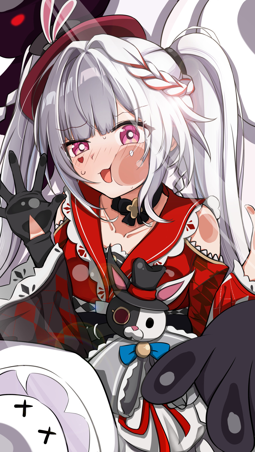 1girl, :d, absurdres, against_glass, black_choker, black_gloves, black_hat, cheek_press