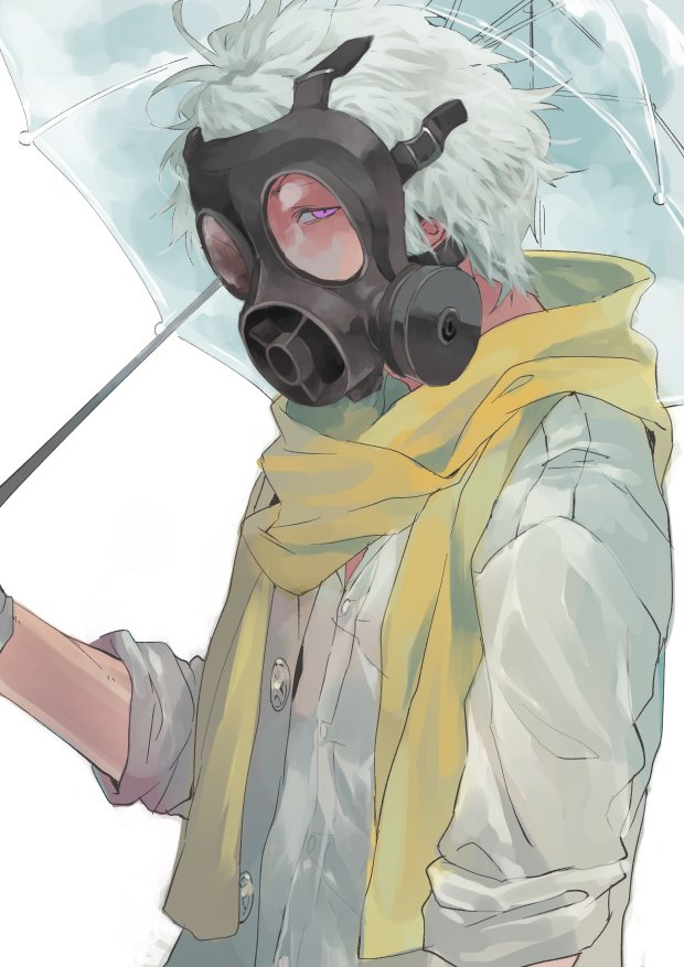 1boy, clear_(dramatical_murder), commentary_request, dramatical_murder, gas_mask, holding, holding_umbrella, jacket