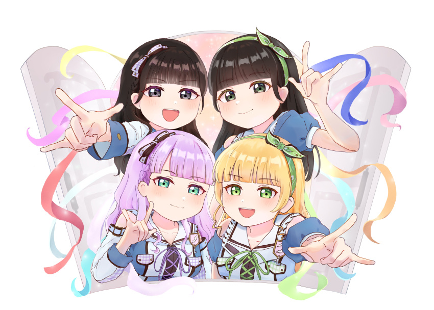 4girls, \m/, absurdres, animification, black_eyes, blonde_hair, blue_ribbon, blunt_bangs, braid, brown_hair, chinese_text, closed_mouth, commentary_request, green_eyes, green_ribbon, hairband, hand_up, heanna_sumire, highres, liella!_7th_lovelive!_~fly!_music_world~, long_hair, looking_at_viewer, love_live!, love_live!_superstar!!, moba_(moba_ba_mo), multiple_girls, official_alternate_costume, open_door, open_mouth, open_the_gate!!!_(love_live!), outstretched_arms, payton_naomi, pink_ribbon, purple_hair, real_life, red_ribbon, ribbon, smile, split_mouth, upper_body, voice_actor, white_background, wien_margarete, yellow_ribbon, yuina_(voice_actor)