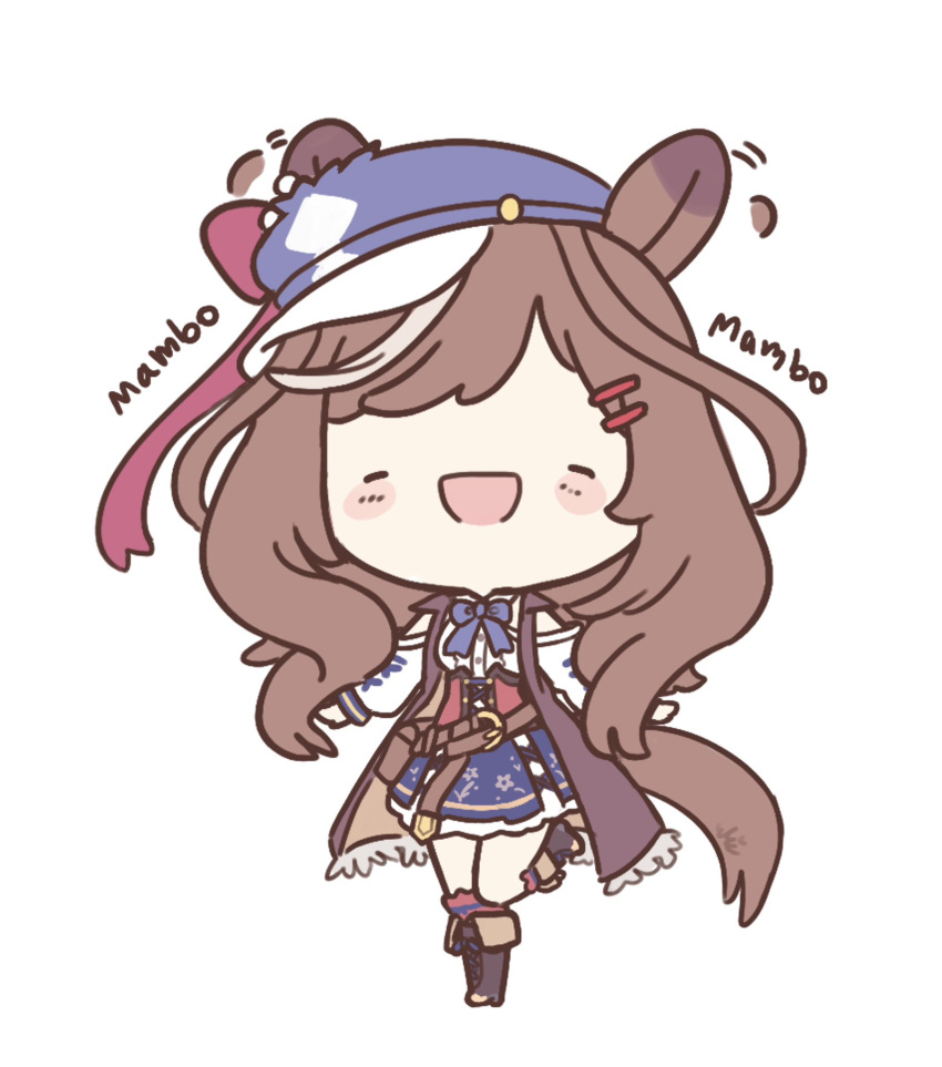 1girl, animal_ears, belt_bag, blue_hat, blue_skirt, blush, blush_stickers, bow