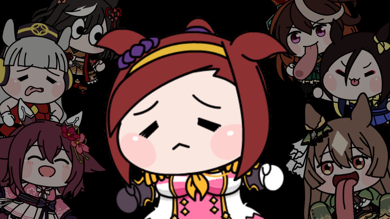 6+girls, air_groove_(umamusume), animal_ears, asymmetrical_gloves, black_background, chibi, ear_ornament, epaulettes