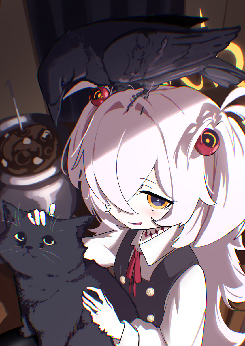 1girl, absurdres, animal, animal_on_head, animal_on_lap, bat_krub, bird, black_cat