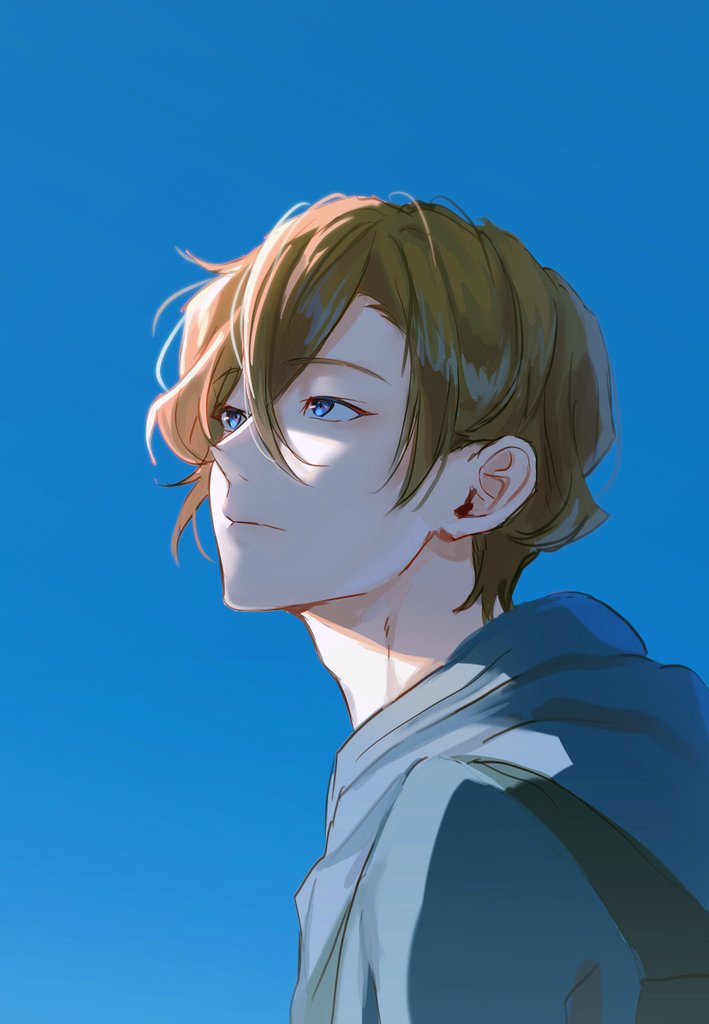1boy, blue_eyes, blue_jacket, blue_sky, bungou_stray_dogs, clear_sky, closed_mouth, commentary