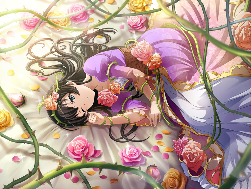 1girl, bed_sheet, black_hair, blue_eyes, coat, cosplay, dress, flower