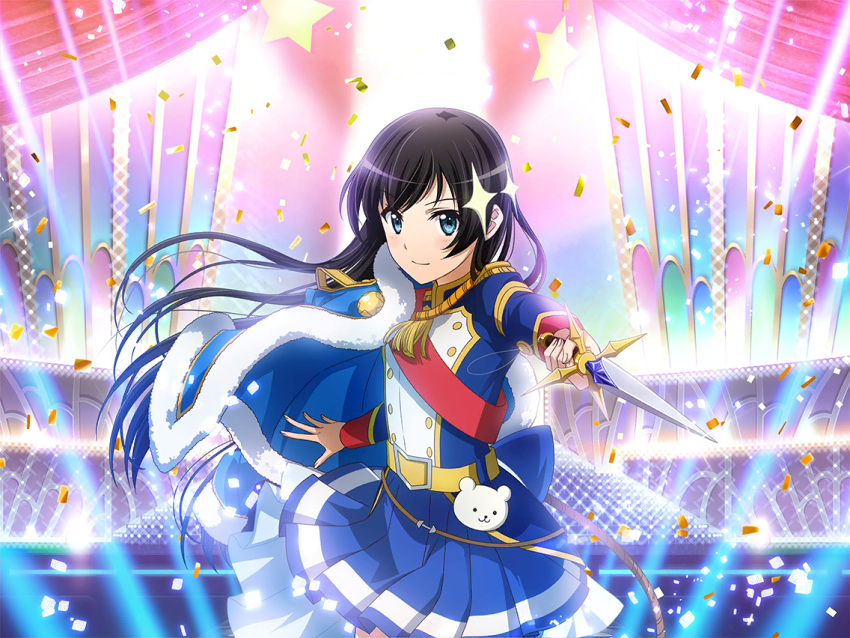 1girl, belt, black_hair, blue_eyes, blue_jacket, blue_skirt, blush, closed_mouth, confetti, dagger, floating_hair, fur-trimmed_jacket, fur_trim, game_cg, holding, holding_dagger, holding_knife, holding_weapon, jacket, jacket_on_shoulders, kagura_hikari, knife, long_hair, long_sleeves, looking_at_viewer, mr._white_(revue_starlight), official_art, red_sash, sash, shoujo_kageki_revue_starlight, shoujo_kageki_revue_starlight_-re_live-, skirt, smile, solo, sparkle_hair_ornament, stage_lights, standing, upper_body, weapon, yellow_belt