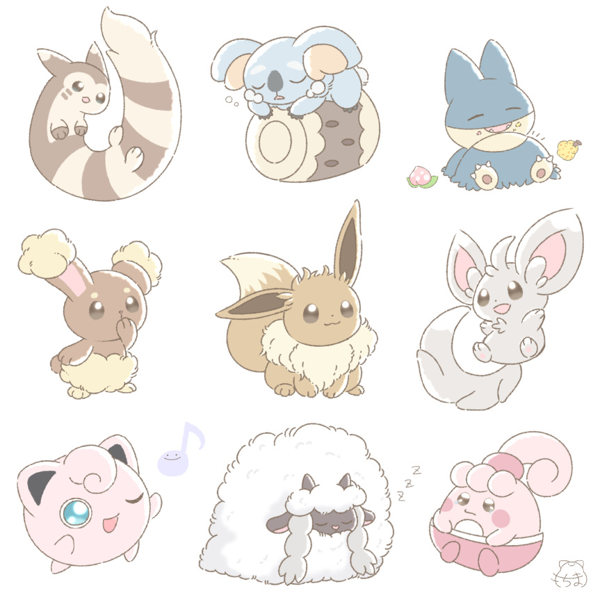 :3, berry_(pokemon), buneary, commentary_request, eevee, food, food_on_face, furret