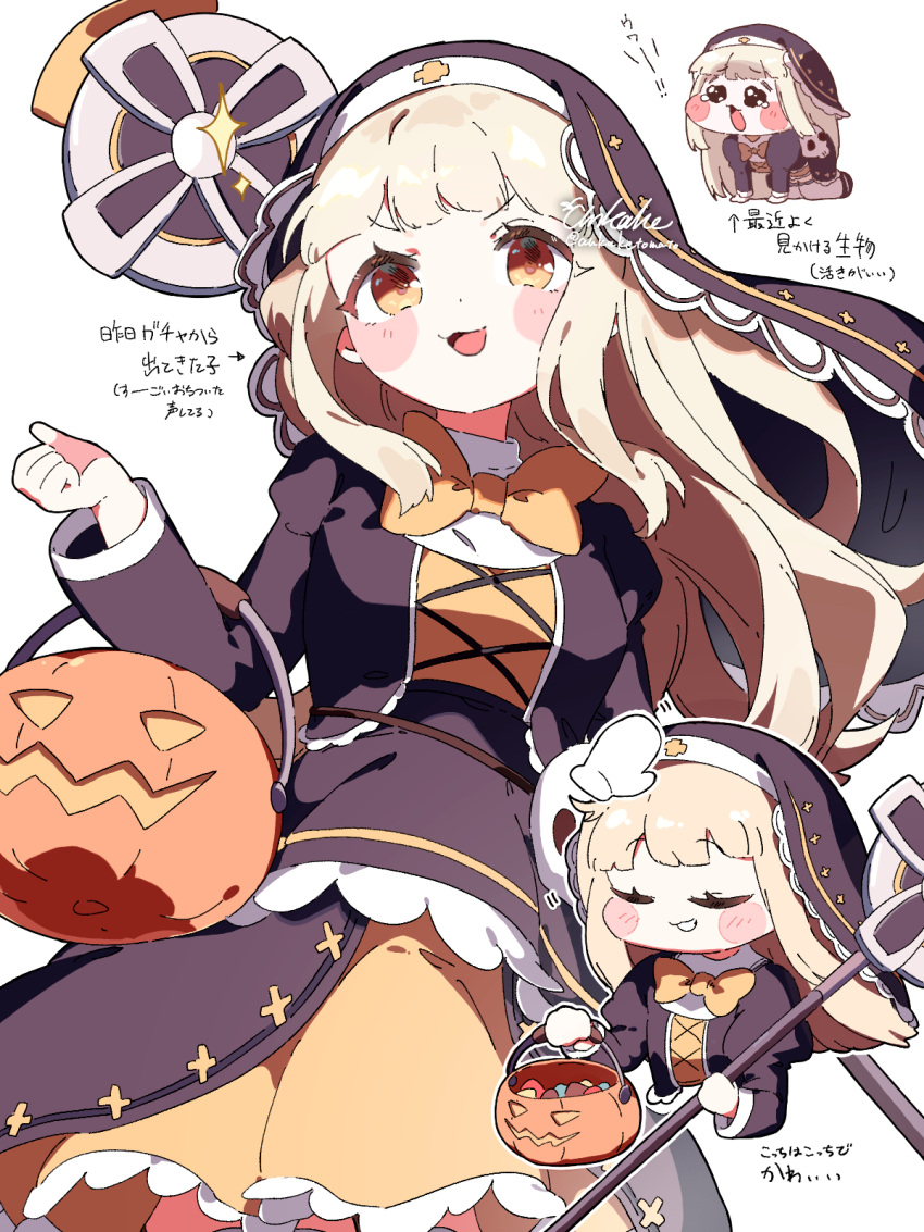 1girl, :3, :d, ankaketomato, black_dress, blonde_hair, blush_stickers, bow