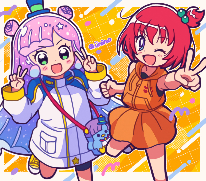 2girls, ;d, bike_shorts, black_shorts, blue_eyes, blush, blush_stickers, crossover