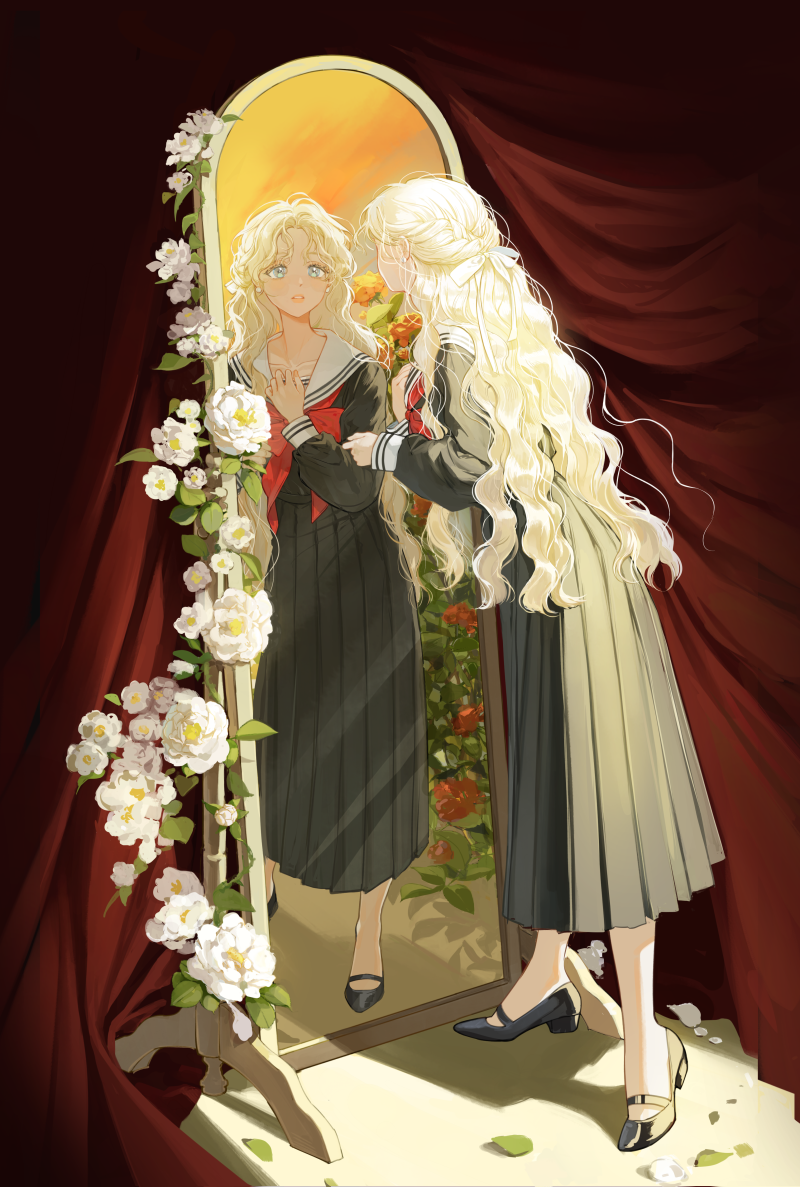 1girl, black_serafuku, black_shirt, black_shoes, black_skirt, blonde_hair, blue_eyes, blush