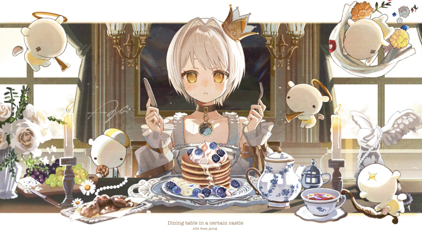 1girl, animal, asa_going, blueberry, candle, choker, cookie, cream, crown, crown_(crownia), crownia, cup, dining_room, dress, flower, flying_animal, food, fork, fruit, hair_intakes, hashtag-only_commentary, highres, holding, holding_fork, holding_knife, imminent_eating, indoors, knife, letterboxed, long_sleeves, looking_at_viewer, mini_crown, outside_border, pancake, pancake_stack, parted_lips, plate, pointed_crown, saucer, short_hair, solo, straight-on, swept_bangs, table, tapir, tea, tea_set, teacup, teapot, tray, white_dress, white_flower, white_hair, yellow_eyes