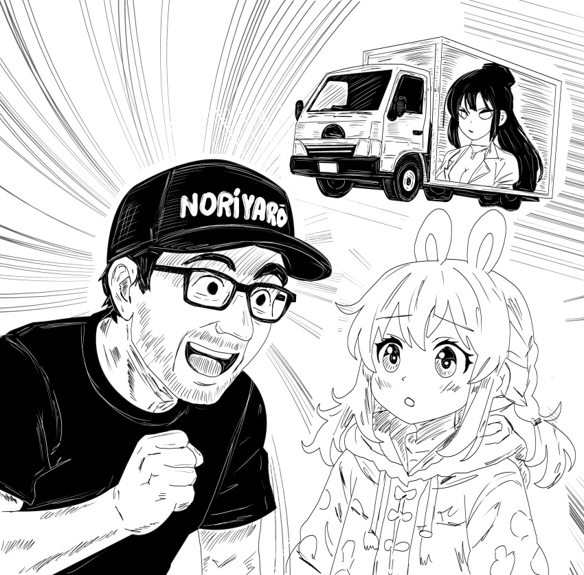 1boy, 1girl, absurdres, alexi_smith, animal_ears, baseball_cap, black_shirt, box_truck, fluffycataaa, glasses, greyscale, hat, highres, hood, hoodie, itasha, long_hair, monochrome, motor_vehicle, phase_connect, pipkin_pippa, rabbit_ears, real_life, shirt, sketch, truck, upper_body, white_background