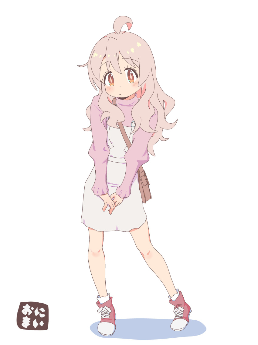 1girl, :/, absurdres, ahoge, bag, bare_legs, blush, boots, brown_eyes, commentary, copyright_name, full_body, highres, jibijibipen, long_hair, long_sleeves, looking_at_viewer, onii-chan_wa_oshimai!, overall_skirt, overalls, oyama_mahiro, pink_hair, pink_shirt, red_boots, shirt, shoulder_bag, simple_background, skirt, solo, standing, wavy_hair, white_background, white_overalls, white_skirt