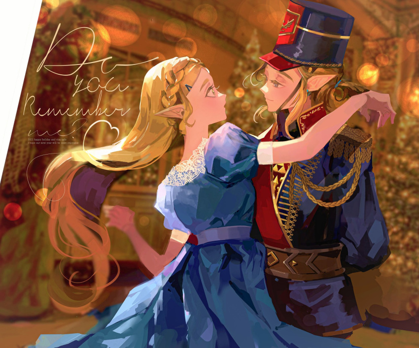 1boy, 1girl, black_hat, blue_dress, blue_jacket, blurry, blurry_background, braid