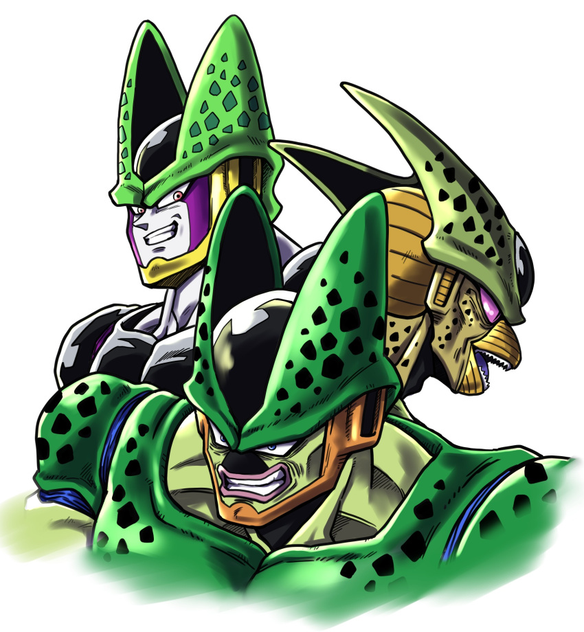 3boys, alternate_form, beak, blue_eyes, cell_(dragon_ball), colored_sclera, colored_skin, colored_tongue