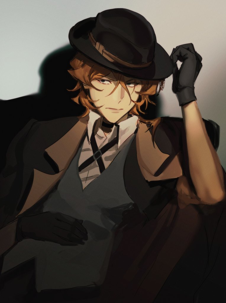 1boy, black_gloves, black_hat, black_jacket, bungou_stray_dogs, collared_shirt, commentary_request, cross_tie, fedora, gloves, grey_vest, hat, jacket, korean_commentary, looking_to_the_side, male_focus, nakahara_chuuya_(bungou_stray_dogs), open_clothes, open_jacket, orange_hair, pigon, shadow, shirt, sitting, solo, vest, waistcoat, white_shirt