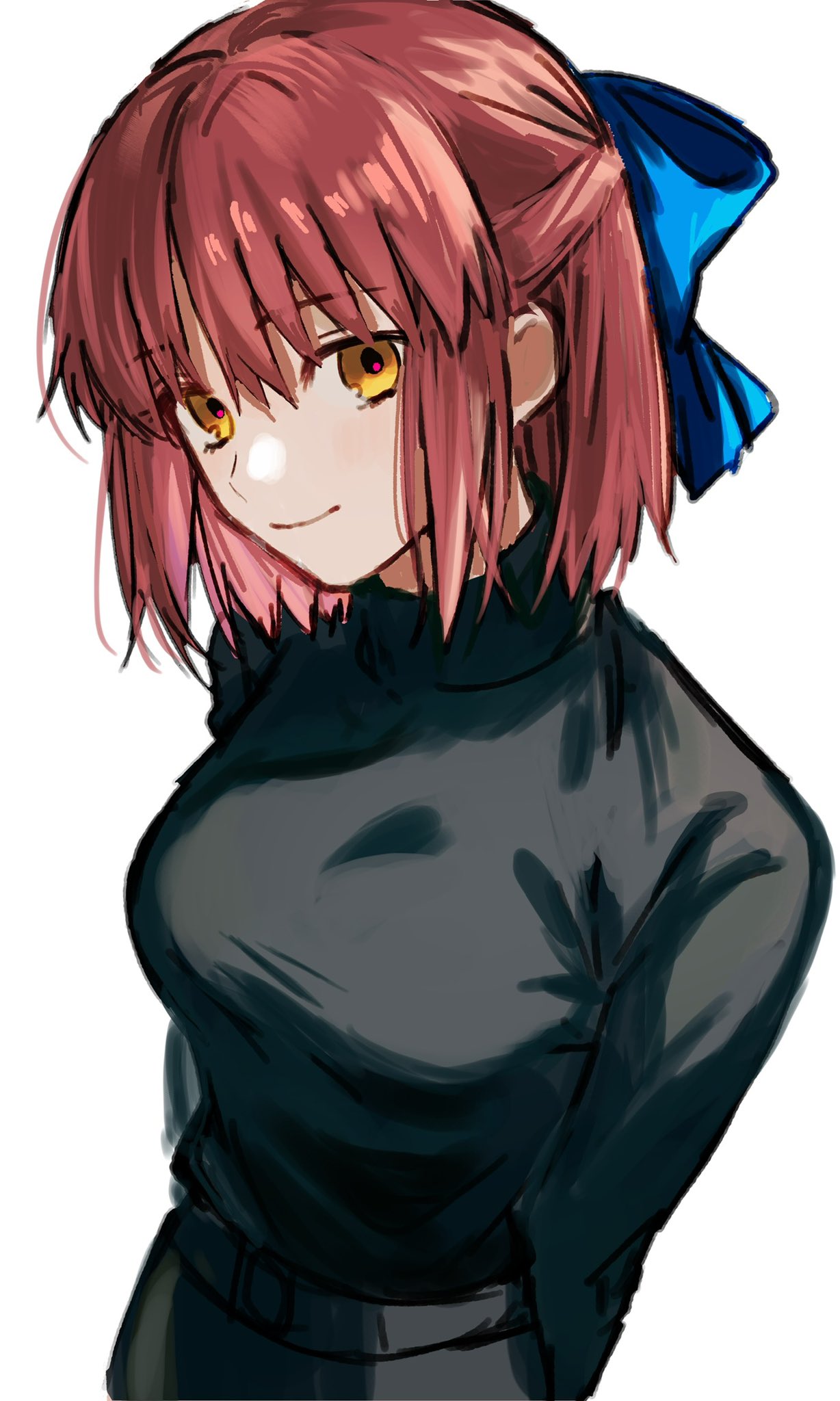 1girl, arms_behind_back, belt, black_sweater, blue_ribbon, breasts, closed_mouth, commentary_request