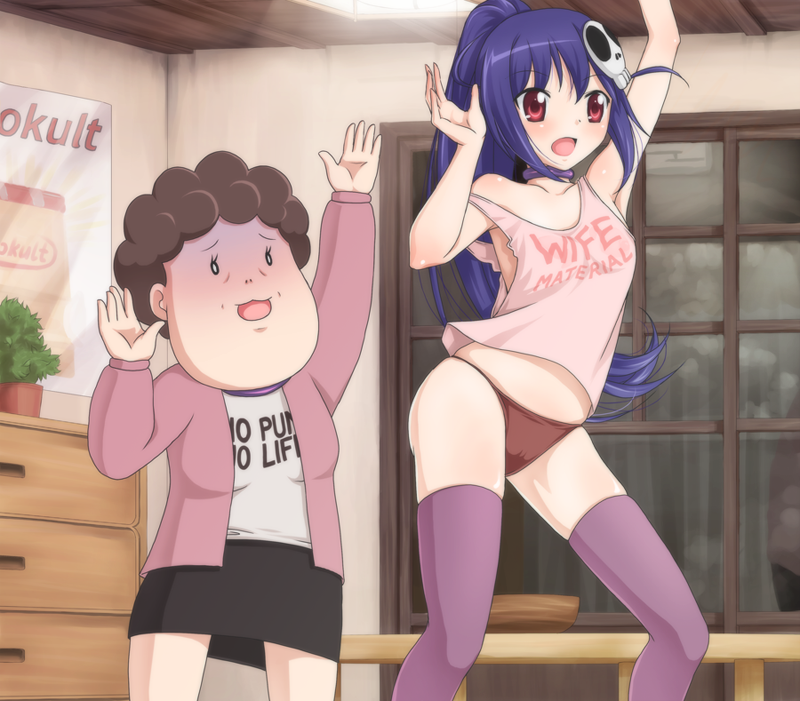 alternate_costume, alternate_hairstyle, armpits, arms_up, choker, clothing_writing, gymnastics, hair_ornament