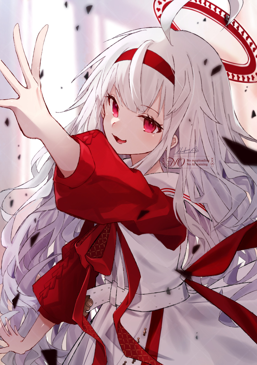1girl, absurdres, ahoge, belt, character_request, commentary_request, dress, hairband