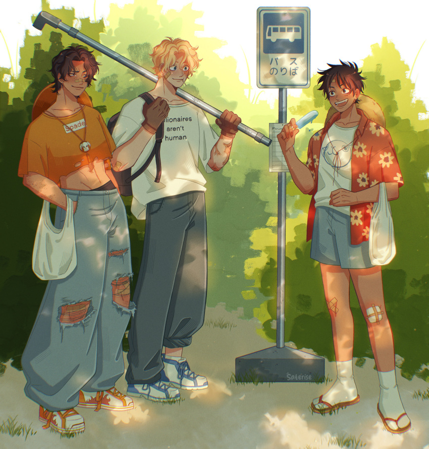 3boys, absurdres, alternate_universe, backpack, bag, baggy_pants, bandaid, bandaid_on_cheek