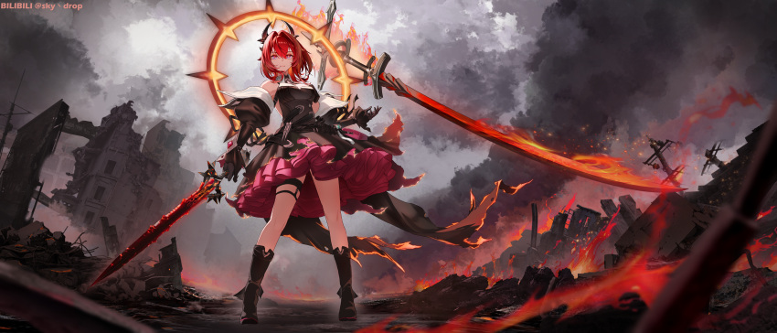 1girl, absurdres, arknights, arknights:_endfield, black_boots, black_dress, black_gloves, boots, commentary_request, demon_girl, demon_horns, detached_sleeves, dress, full_body, gloves, high_heel_boots, high_heels, highres, holding, holding_sword, holding_weapon, horns, huge_weapon, laevatain_(arknights), red_hair, short_hair, skydrop, sleeveless, sleeveless_dress, solo, surtr_(arknights), sword, thigh_strap, two-tone_dress, weapon