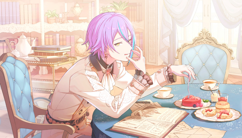 1boy, aqua_streaks, ascot, asymmetrical_sidelocks, berry, blueberry, book, cake