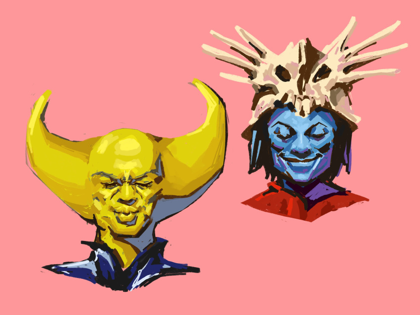 1boy, 1girl, asianfissureman, blue_skin, colored_skin, highres, horns, hylics