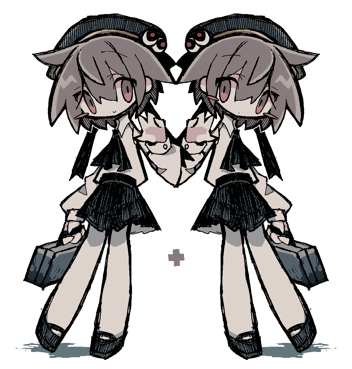 2girls, arm_at_side, beret, black_ribbon, black_skirt, blue_hat, blush_stickers, brown_hair