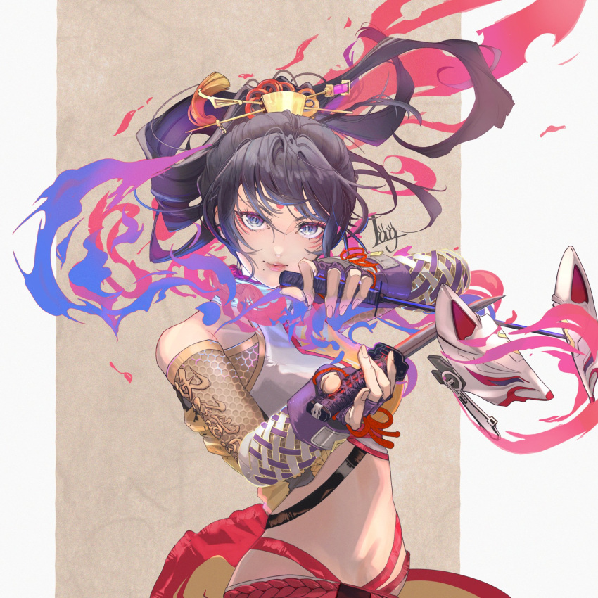 1girl, bare_shoulders, black_hair, breasts, cowboy_shot, dagger, dual_wielding, facial_mark