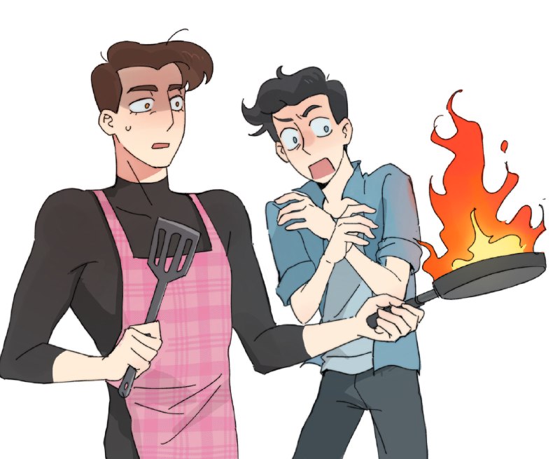 2boys, anthony_stellar, apron, black_hair, black_pants, black_shirt, blue_eyes, blue_shirt