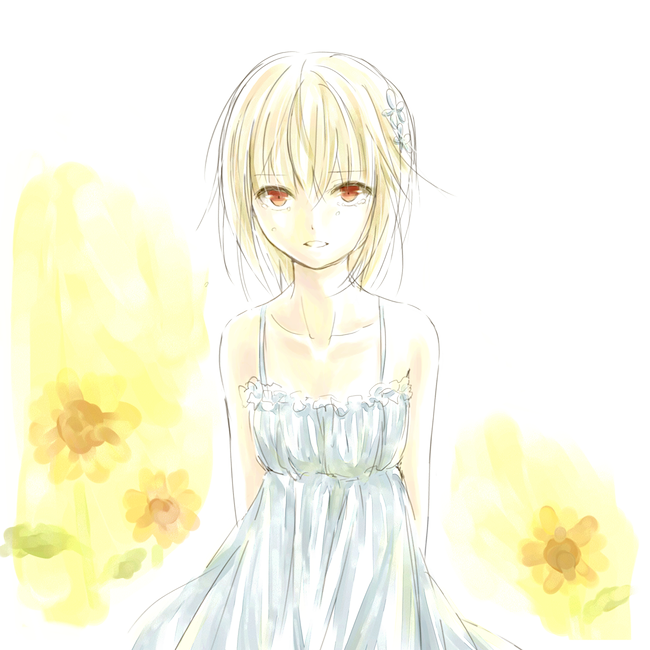 albino, bad_id, bare_shoulders, dress, flower, genderswap, hair_flower, hair_ornament