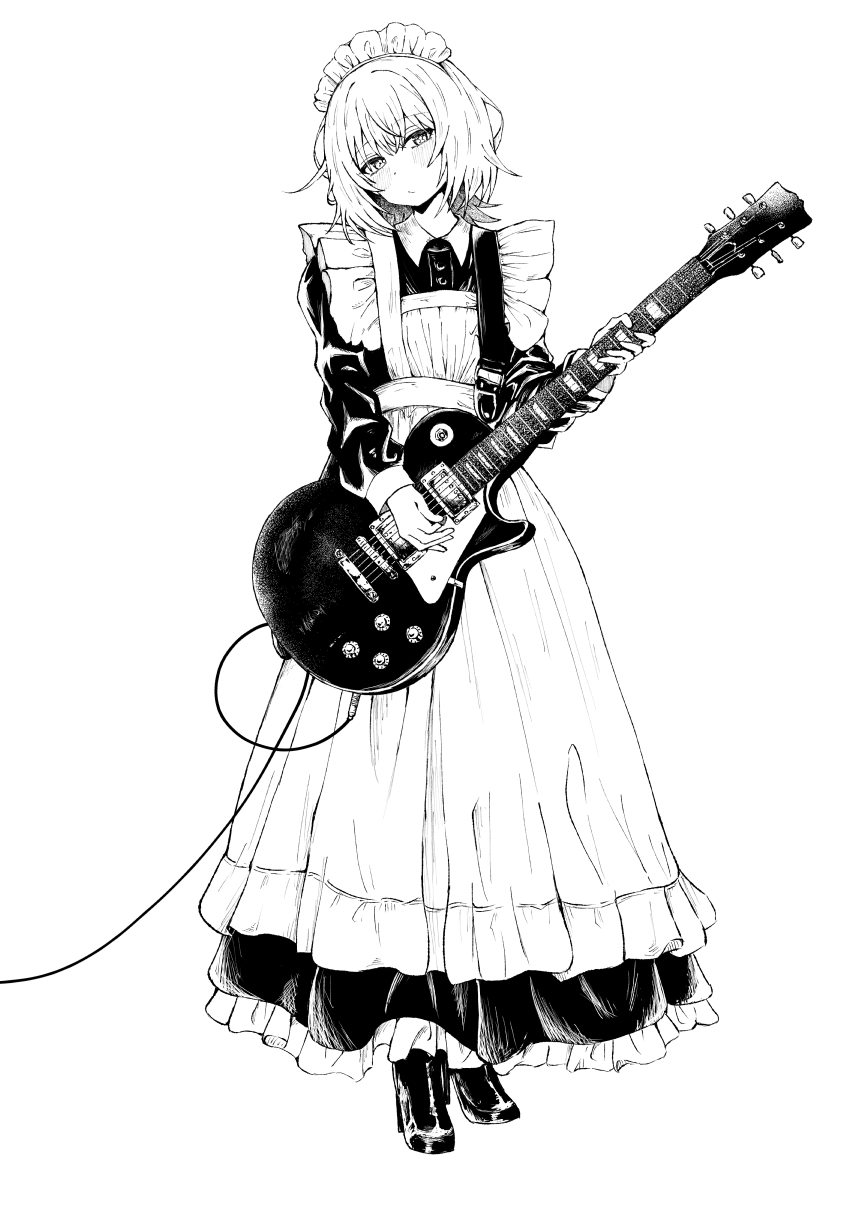 1girl, apron, cable, commentary_request, dress, electric_guitar, frills, full_body, gibson_les_paul, greyscale, guitar, head_tilt, highres, holding, holding_guitar, holding_instrument, instrument, long_dress, maid, maid_apron, maid_headdress, medium_hair, monochrome, original, simple_background, sketch, solo, swtr3355, white_background