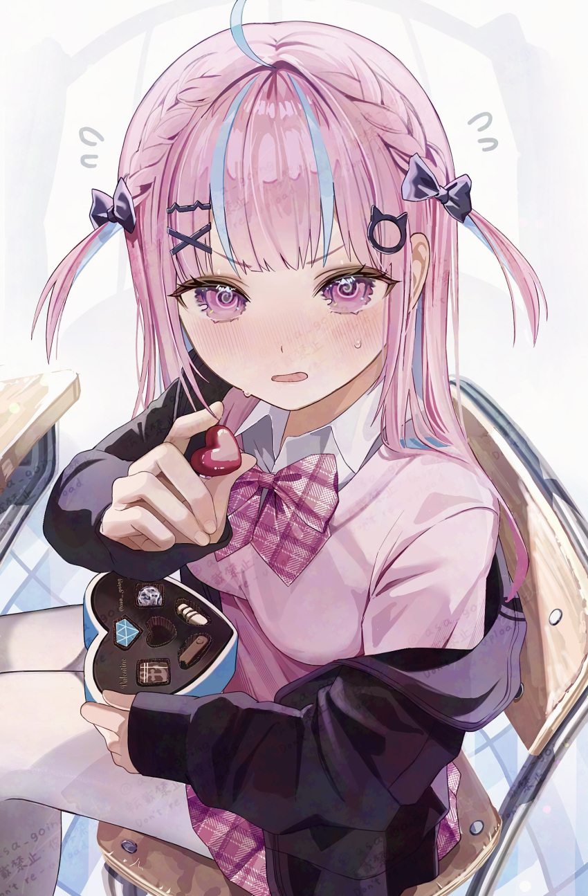 1girl, absurdres, asa_going, blue_streaks, blush, box, breasts, candy