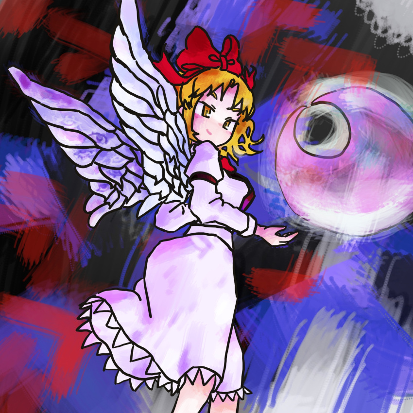 1girl, abstract_background, angel_wings, armband, black_armband, black_background, blonde_hair, blue_background, bow, bowtie, check_background, check_object, closed_mouth, crescent_moon, feet_out_of_frame, frilled_skirt, frills, from_behind, gengetsu_(touhou), hair_bow, half-closed_eyes, hashtag-only_commentary, highres, long_sleeves, looking_at_viewer, looking_back, messy_hair, moon, orange_eyes, puffy_long_sleeves, puffy_sleeves, purple_suspenders, red_background, red_bow, red_bowtie, shirt, short_hair, skirt, smirk, solo, soybeanman504, touhou, touhou_(pc-98), turning_head, v-shaped_eyebrows, white_background, white_shirt, white_skirt, white_wings, wings