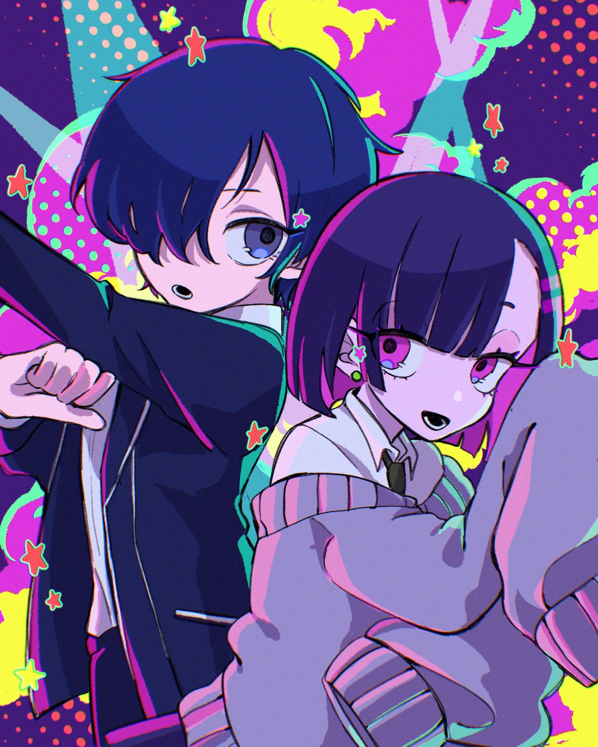 1boy, 1girl, black_hair, black_jacket, blue_eyes, collared_shirt, commentary, crossover