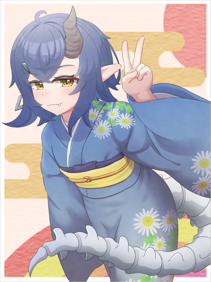 blue_hair, blue_kimono, chiriwi, commentary_request, dragon_girl, egasumi, fang, horns